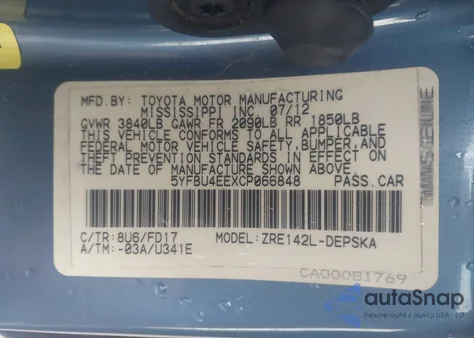 2012 Toyota Corolla S из США, поврежденный, VIN 5YFBU4EEXCP066848